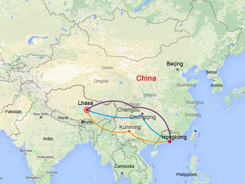 香港去西藏旅游中转航班城市